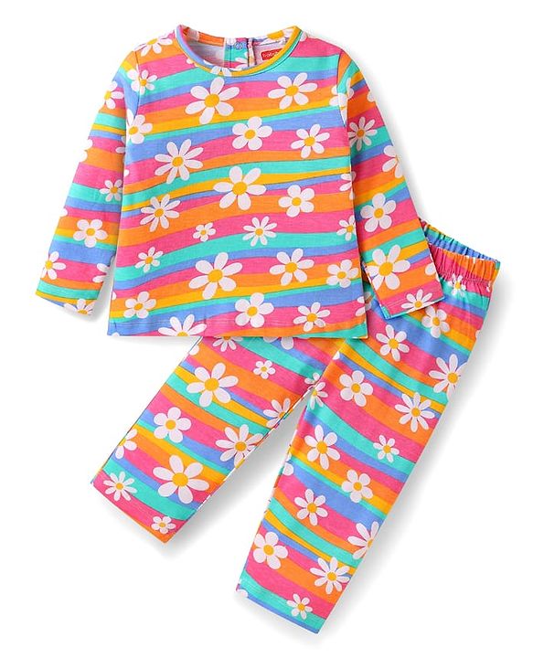 Babyhug Cotton Knit Full Sleeves Night Suit with Floral Print & Stripes - Red