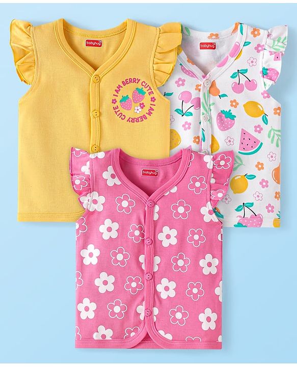 Babyhug 100% Cotton Woven Sleeveless Frill Detailing Front Open Vest with Tropical Theme Print Pack Of 3 - Blue White & Yellow