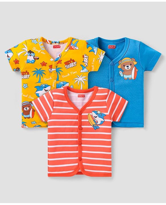 Babyhug 100% Cotton Knit Half Sleeves Front Open Vests with Beach Theme Print & Stripes Pack of 3 - Yellow Blue & Red