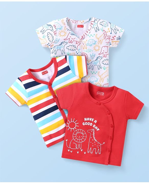 Babyhug 100% Cotton Kint Half Sleeves Front Open Striped & Animal Print Vests Pack of 3 - White Red