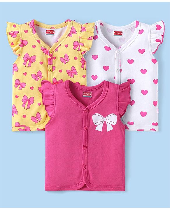 Babyhug Interlock Knit Frill Sleeves Front Open Vests With Heart & Bow Print Pack of 3 - Dark Pink White & Yellow