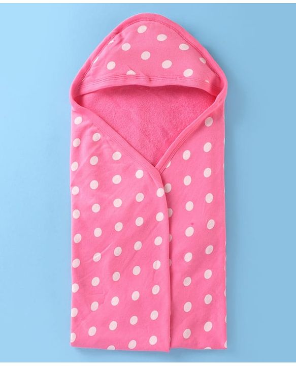 Babyhug 100% Cotton Terry Woven Hooded Wrapper with Polka Dots Print L 76 x B 76 cm - Pink