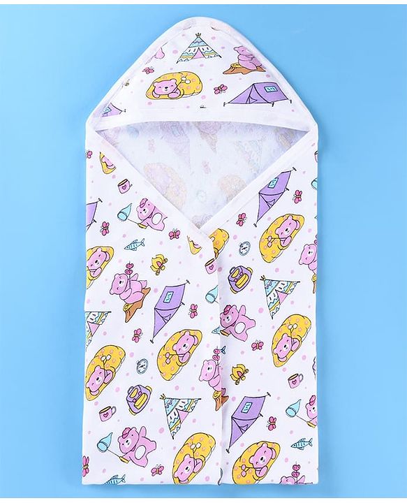 Babyhug Terry Woven Hooded Wrapper with Bear Print L 79 x B 76 cm - White