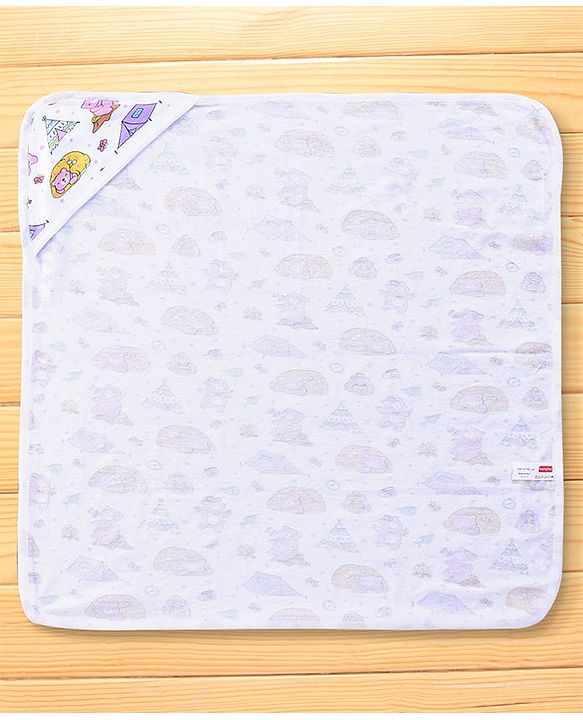 Babyhug Terry Woven Hooded Wrapper with Bear Print L 79 x B 76 cm - White