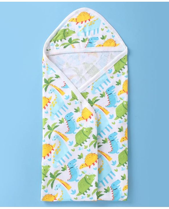 Babyhug Terry Woven Hooded Wrapper with Jungle Theme Print  L 76 x B 76 cm - White