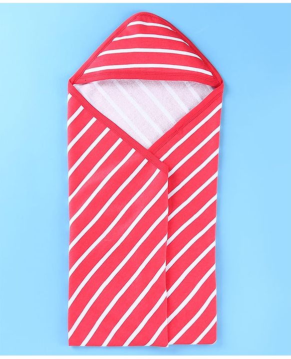 Babyhug Terry Woven Hooded Wrapper with Stripes  L 79 x B 76 cm - White