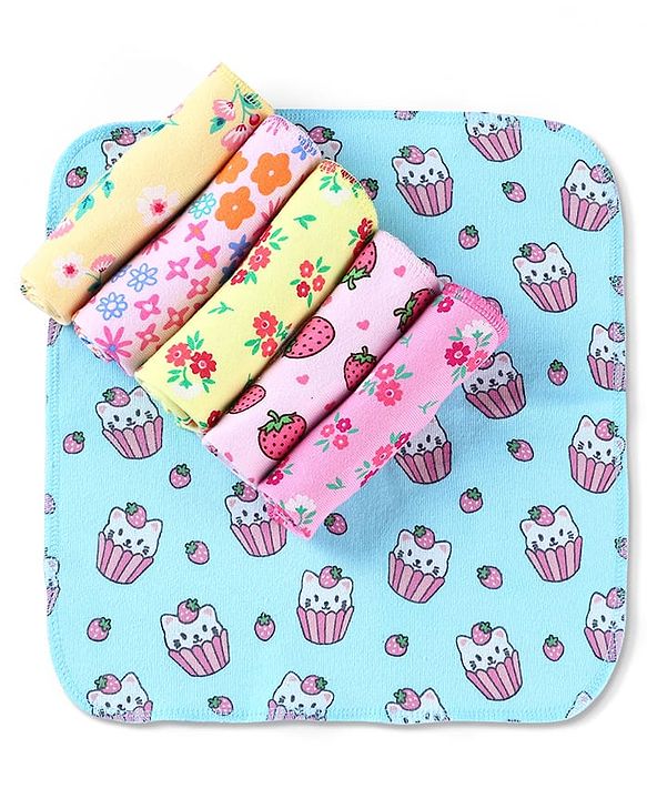 Babyhug Cotton Knit Wash Cloths With Floral & Fruit Print Pack of 6 L 27 x B 25 cm - Multicolour