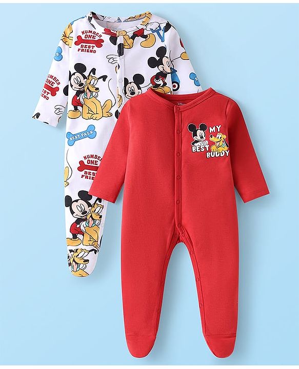 Babyhug Disney Interlock Knit Full Sleeves Footed Sleep Suits With Mickey Mouse Graphics Pack Of 2 - Red & White
