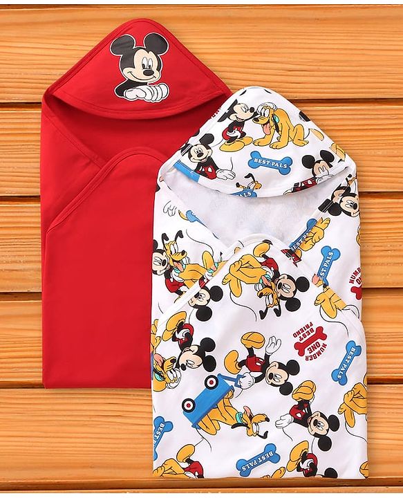 Babyhug Interlock Knit Hooded Bath Towel with Mickey Mouse Graphics L 76 x B 36 cm Pack of 2 - Red & White