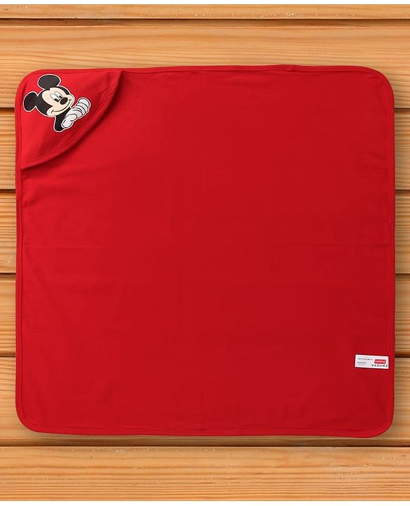 Babyhug Interlock Knit Hooded Bath Towel with Mickey Mouse Graphics L 76 x B 36 cm Pack of 2 - Red & White