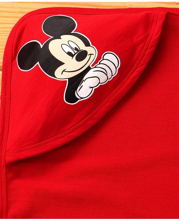 Babyhug Interlock Knit Hooded Bath Towel with Mickey Mouse Graphics L 76 x B 36 cm Pack of 2 - Red & White
