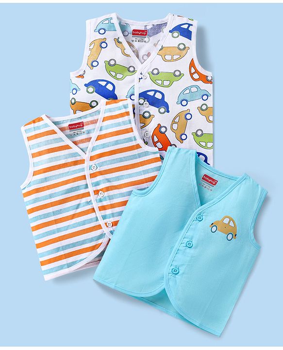 Babyhug Cambric Woven Sleeveless Front Open Jhablas With Car Print Pack of 3 - White Orange & Blue