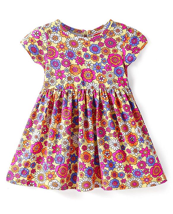 Babyhug Cotton Knit Half Sleeves Frock With Floral Print - Yellow