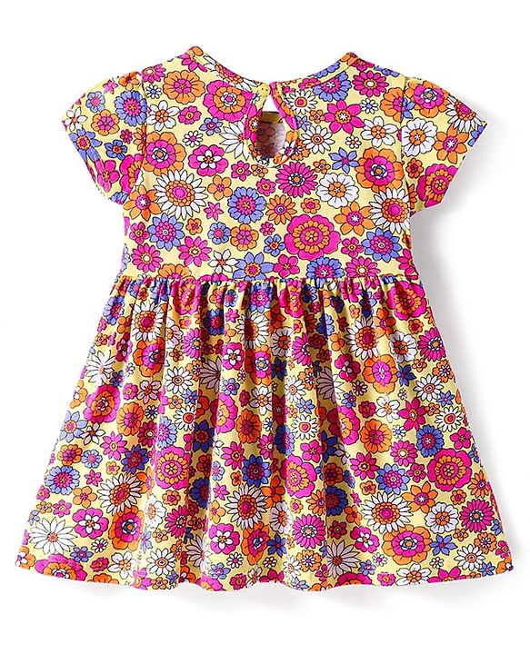Babyhug Cotton Knit Half Sleeves Frock With Floral Print - Yellow