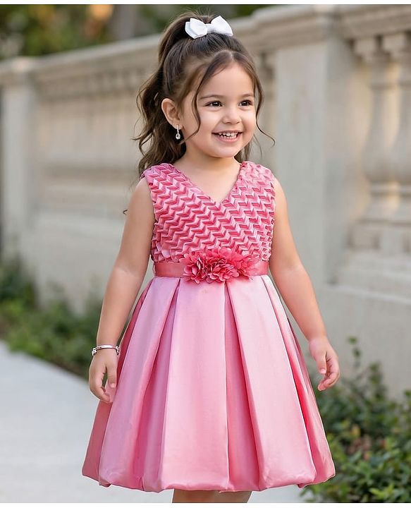 Babyhug Woven Sleeveless Pleated Party Dress With Yoke Design & Floral Corsage - Pink