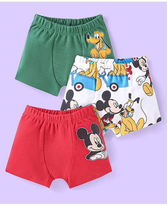 Babyhug Disney Cotton Knit Trunks with Mickey Mouse Graphics Pack of 3 - Red White & Green