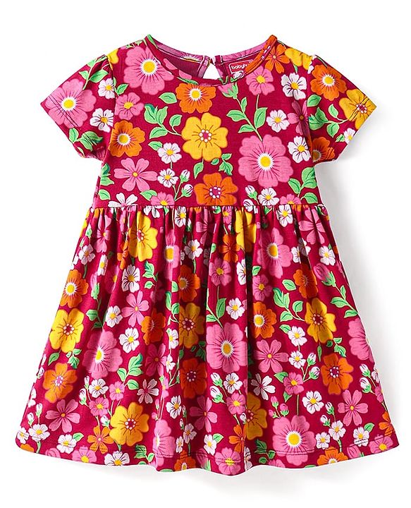 Babyhug Cotton Knit Half Sleeves Frock With Floral Print - Maroon