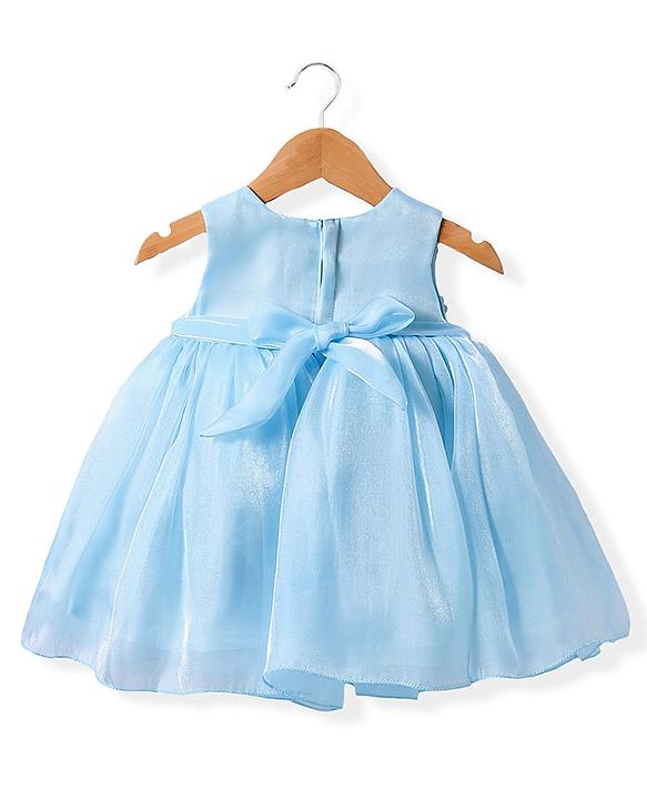 Babyhug Woven Sleeveless Fit & Flare Party Dress with Flowers on Yoke - Light Blue