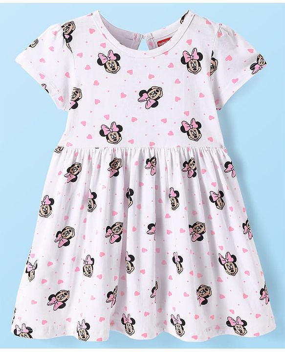 Babyhug Cotton Knit Half Sleeves Frock with Minne Mouse & Heart Print - White