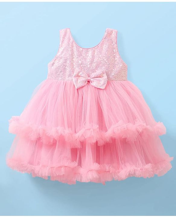 Babyhug Woven Sleeveless Party Dress With Sequinned Yoke & Bow Applique - Pink