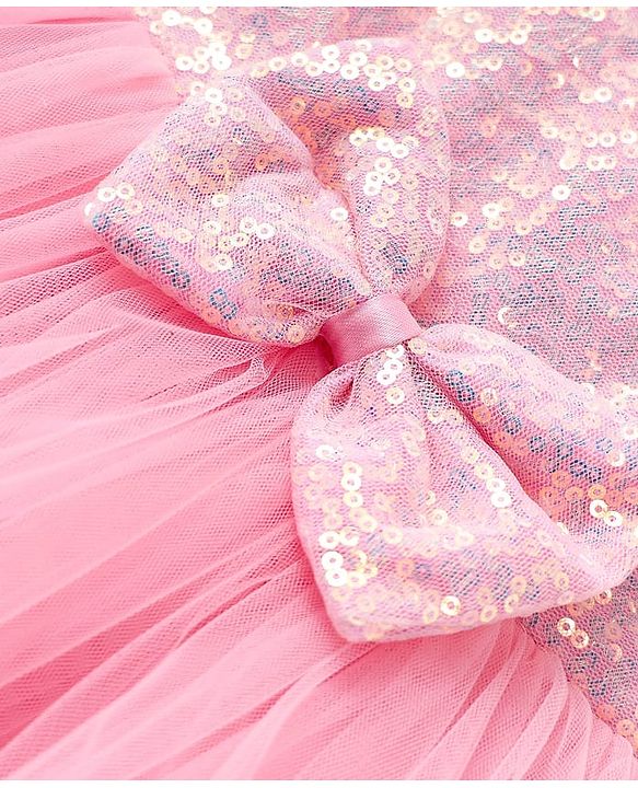 Babyhug Woven Sleeveless Party Dress With Sequinned Yoke & Bow Applique - Pink