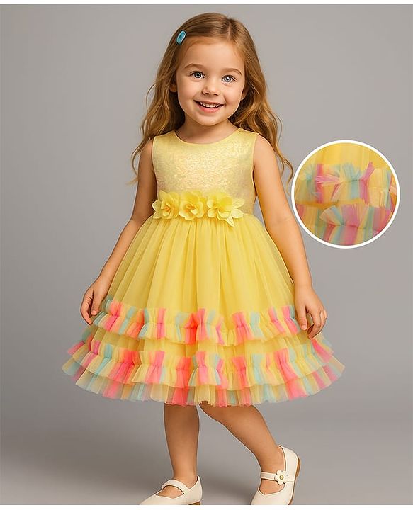 Babyhug Woven Sleeveless Ruffled Party Dress With Sequinned Yoke & Floral Applique - Yellow