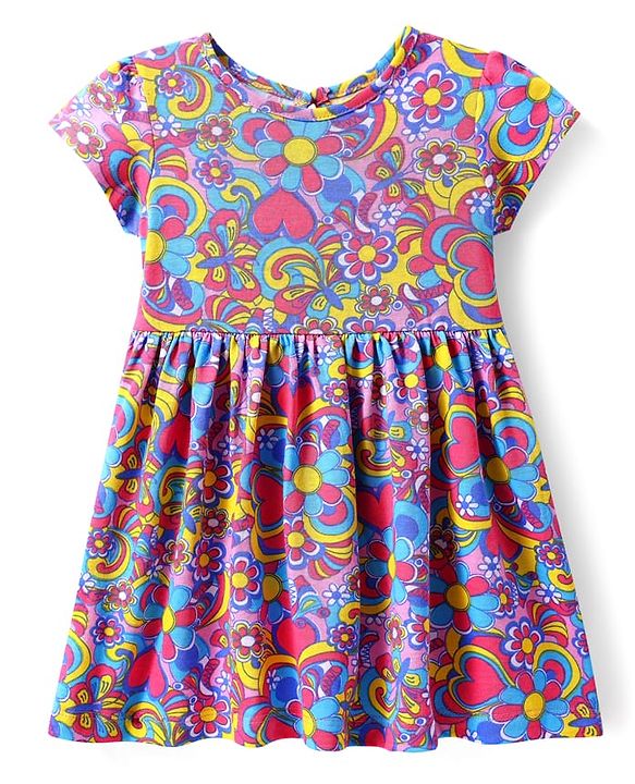 Babyhug Cotton Knit Half Sleeves Floral Printed Frock - Multicolor