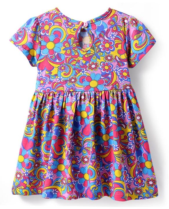 Babyhug Cotton Knit Half Sleeves Floral Printed Frock - Multicolor