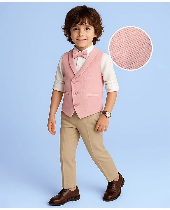 Babyhug Knit Full Sleeves 3 Piece Soild Color Party Suit - Peach & White