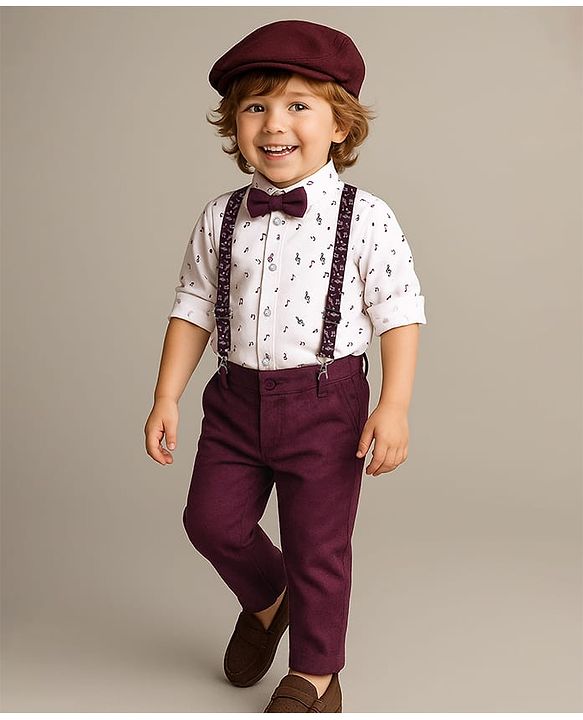 Babyhug Knit Full Sleeves Musical Printed Shirt & Trouser with Suspender Hat & Bow - Wine