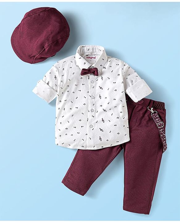 Babyhug Knit Full Sleeves Musical Printed Shirt & Trouser with Suspender Hat & Bow - Wine
