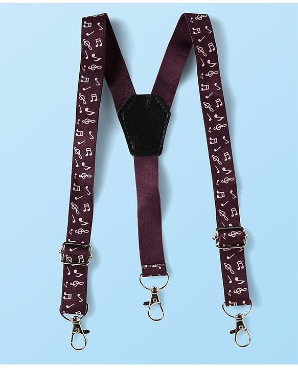 Babyhug Knit Full Sleeves Musical Printed Shirt & Trouser with Suspender Hat & Bow - Wine