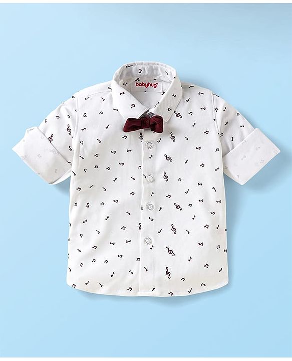 Babyhug Knit Full Sleeves Musical Printed Shirt & Trouser with Suspender Hat & Bow - Wine