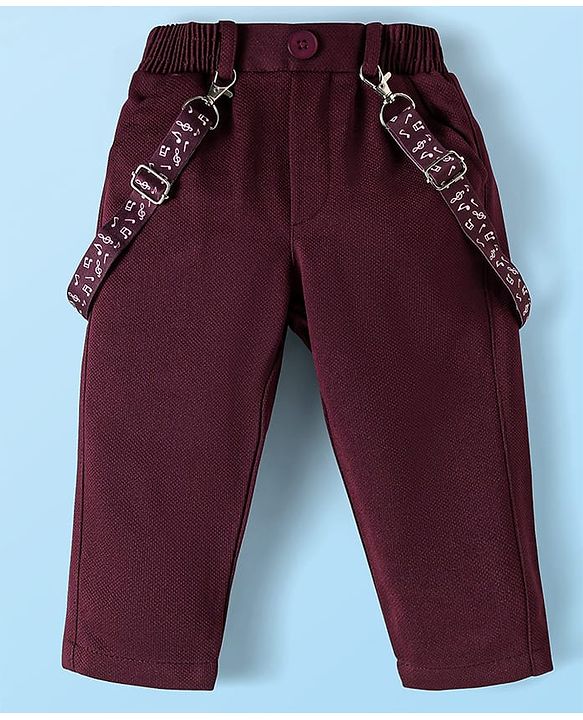 Babyhug Knit Full Sleeves Musical Printed Shirt & Trouser with Suspender Hat & Bow - Wine