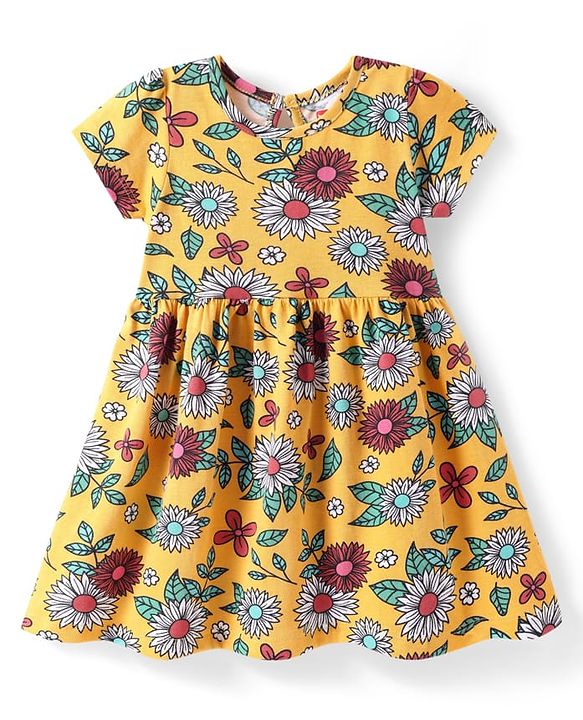Babyhug Cotton Knit Half Sleeves Frock with Floral Print - Yellow