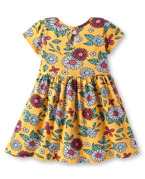 Babyhug Cotton Knit Half Sleeves Frock with Floral Print - Yellow