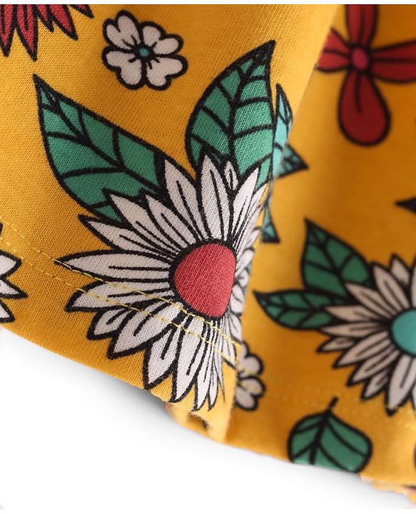 Babyhug Cotton Knit Half Sleeves Frock with Floral Print - Yellow