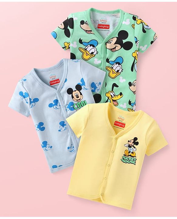Babyhug Disney Interlock Knit Half Sleeves Jhablas with Mickey Mouse Graphics Pack of 3 - Yellow Light Green & Light Blue
