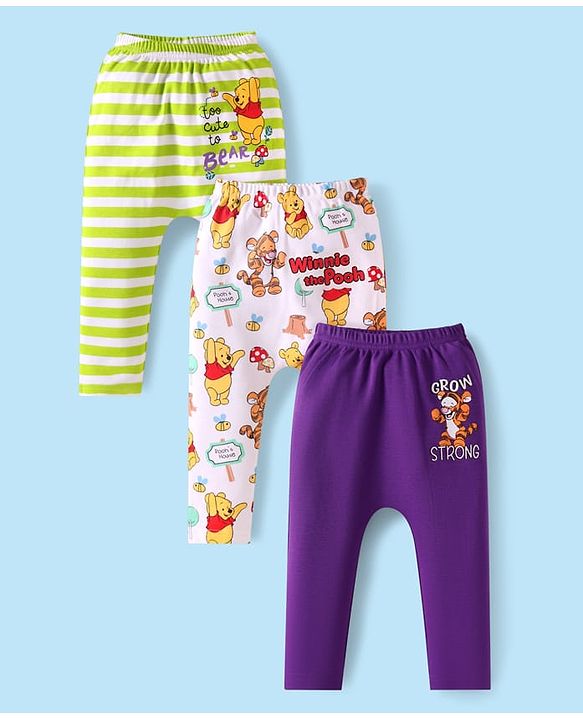 Babyhug Disney Interlock Knit Full Length Diaper Leggings With Winnie The Pooh Graphics Pack Of 3  - Purple White & Green