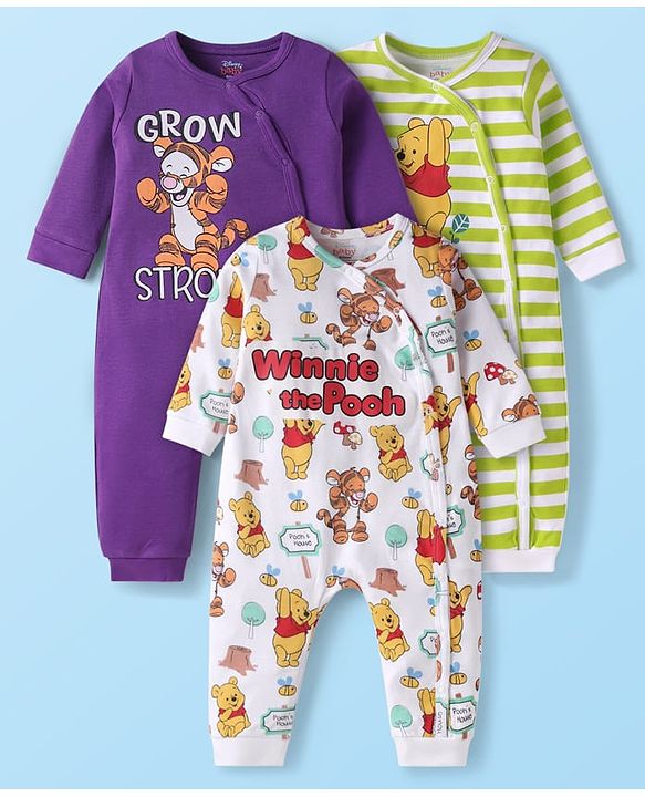 Babyhug Disney Interlock Knit Full Sleeves Rompers With Winnie The Pooh Graphics Pack of 3 - White Green & Violet