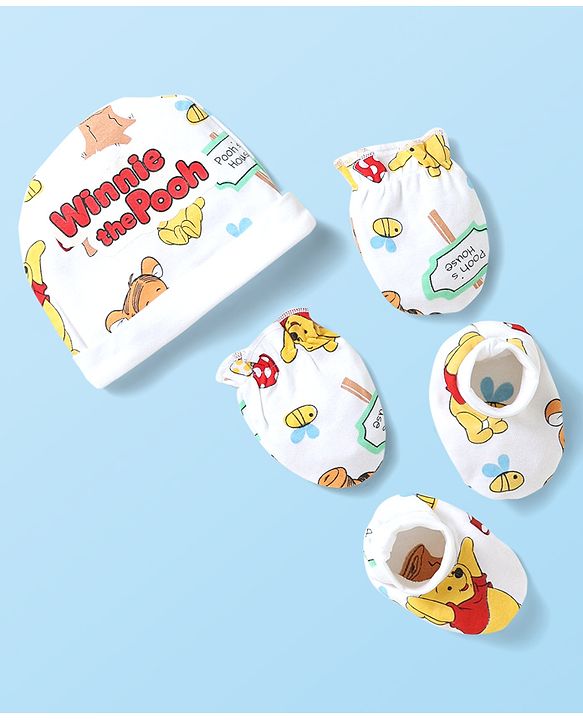 Babyhug Disney Interlock Knit Cap Mittens & Booties With Winnie The Pooh Graphics - White