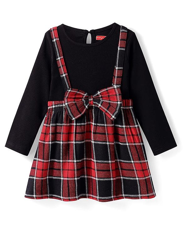 Babyhug Woven Full Sleeves Checkered Frock with Bow Applique - Dark Red