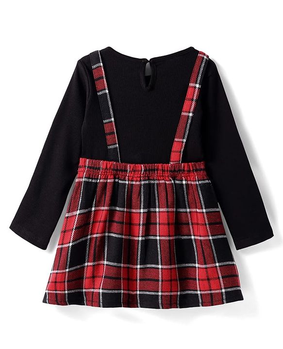 Babyhug Woven Full Sleeves Checkered Frock with Bow Applique - Dark Red