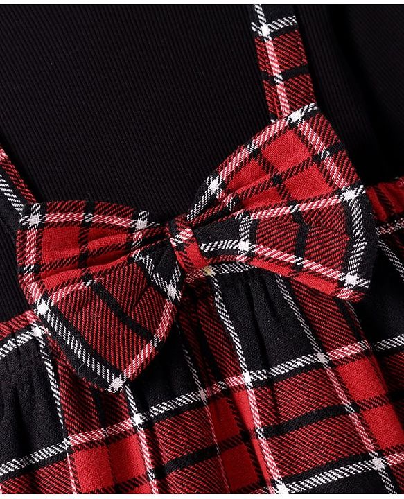 Babyhug Woven Full Sleeves Checkered Frock with Bow Applique - Dark Red