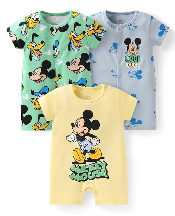 Babyhug Disney Interlock Knit Half Sleeves Rompers with Mickey Mouse Graphics Pack of 3 - Yellow Green & Light Blue