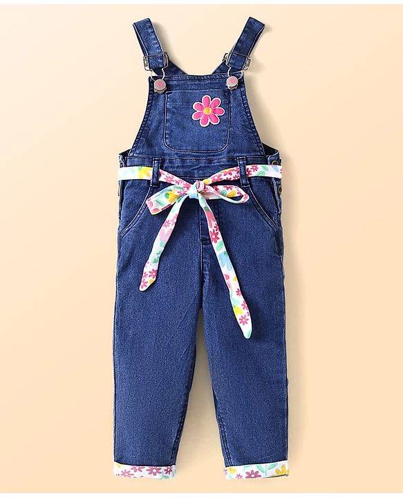 Babyhug Single Jersey Knit Dungaree & Full Sleeves Top With Floral Print - Navy Blue