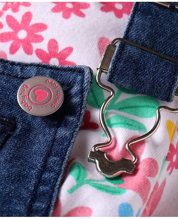 Babyhug Single Jersey Knit Dungaree & Full Sleeves Top With Floral Print - Navy Blue