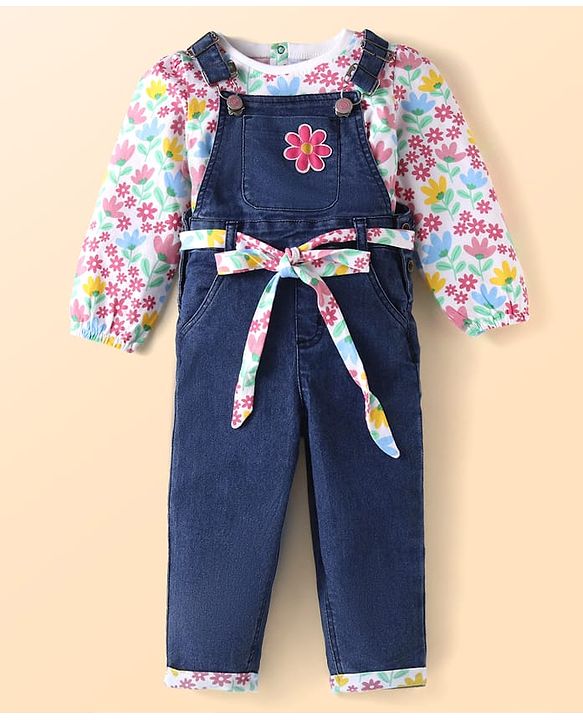 Babyhug Single Jersey Knit Dungaree & Full Sleeves Top With Floral Print - Navy Blue