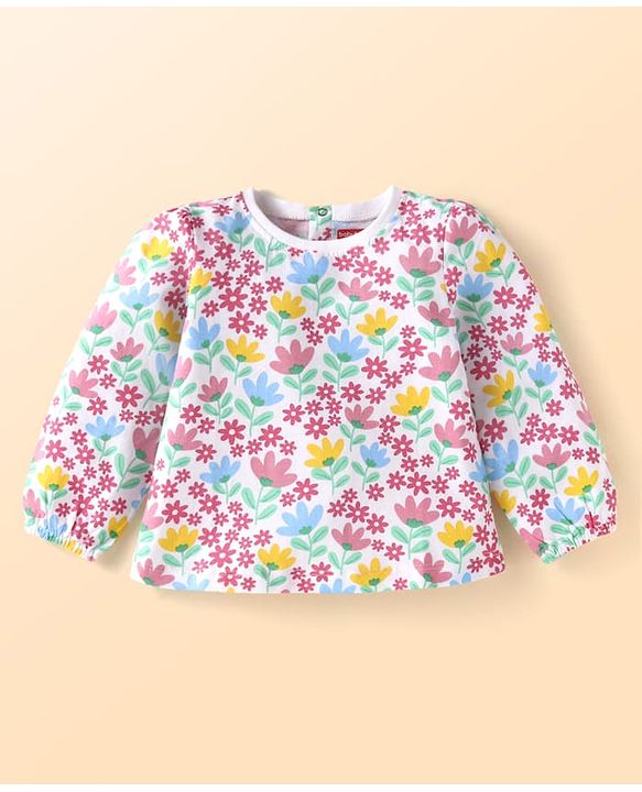 Babyhug Single Jersey Knit Dungaree & Full Sleeves Top With Floral Print - Navy Blue