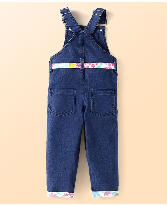 Babyhug Single Jersey Knit Dungaree & Full Sleeves Top With Floral Print - Navy Blue